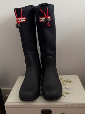 Hunter Black Tall Rain Boots with Red Drawcord Accents